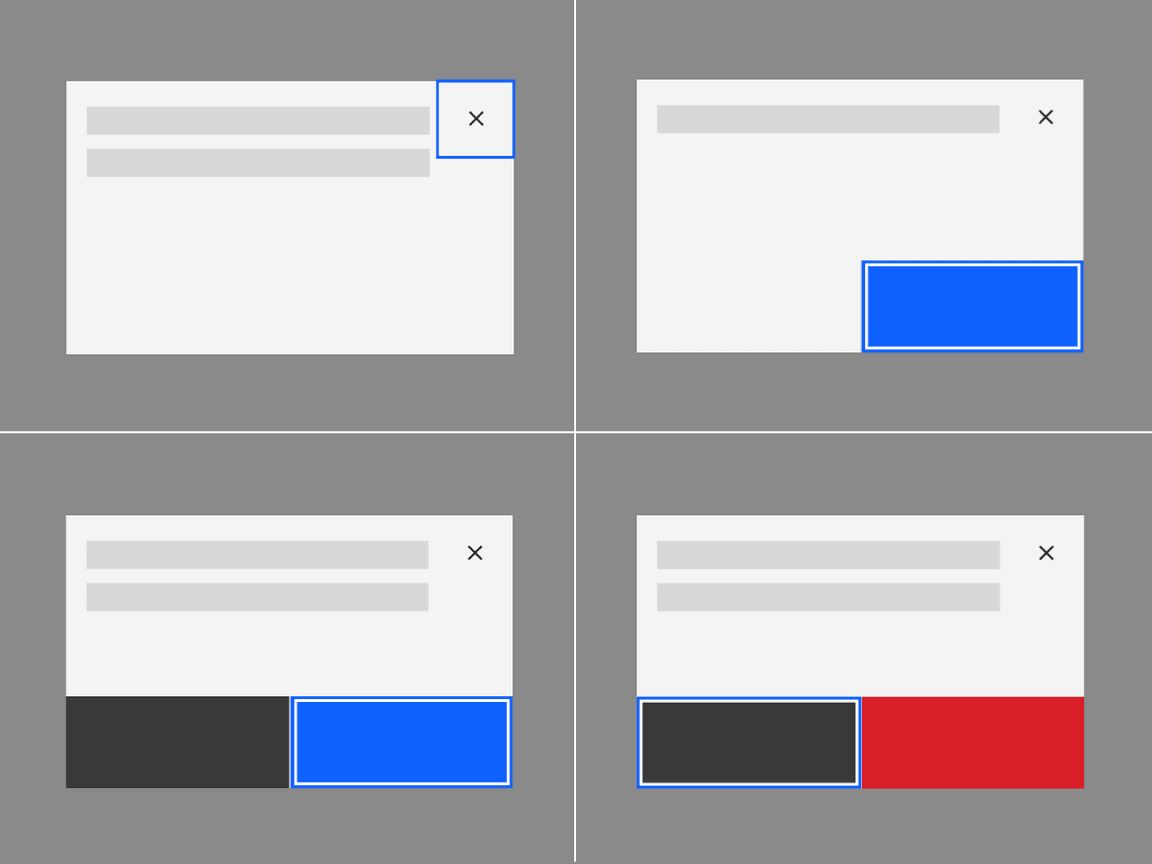 initial focus in the dialog varies across four types of modals